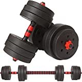 BAKAJI Set 2 in 1 Manubri Regolabili con Barra Bilanciere e 12 Dischi Totale Peso 25kg (4x2.5kg + 4x2kg + 4x1.5kg), Rivestimento Nero e Rosso in Gomma Piuma Antiruggine Antiscivolo, Palestra, Fitness