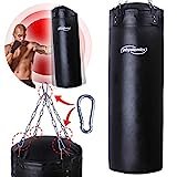 Physionics® Sacco da Boxe - Pieno, 100cm/120cm, 27kg/30kg, Sospensione a Catena da Soffitto, Moschettone, Nero - Adulti Sacco Pugilato, Punching Bag, da Arti Marziali, MMA, Muay Thai (120 cm)